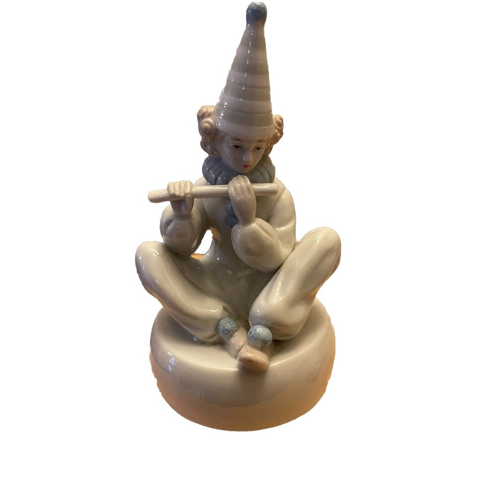 Meico Paul Sebastian Porcelain Clown Playing Flute Music Box - Music Plays